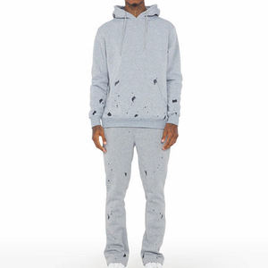 Trajes de sudor lisos personalizados Sudadera con capucha de peso pesado y pantalones de chándal apilados Conjunto de talla grande 100% Chándal de algodón Ropa Hombres - Product Image 1