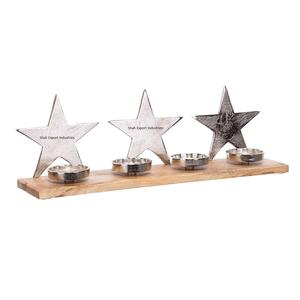 Metal 4 <b>Tealight</b> <b>Candle</b> Holder With Wooden Base Star Design for Home Christmas Lights Decorative <b>Tealight</b> Holders - Product Image 1