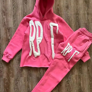 <b>Women</b> pink <b>fleece</b> tracksuit set custom logo printed hoodie and <b>jogger</b> pants latest fashion casual two piece outfit warm winter - Product Image 1