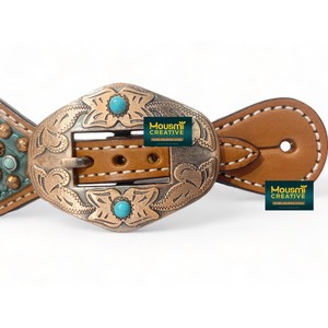 สายรัดอานม้าหนังแท้สไตล์ตะวันตกจากอาร์เจนตินา สำหรับผู้หญิง ลายหนังจระเข้สีเทอร์ควอยซ์ ประดับหัวกระทิง - Product Image 3