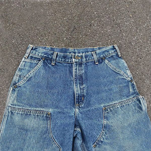 Wholesale top quality 100% Cotton Denim <b>Shorts</b> Custom Logo Double Knee Raw Hem <b>Jean</b> <b>Shorts</b> Casual Baggy Fit <b>Shorts</b> for <b>Men</b> - Product Image 2