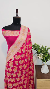 Sari en Georgette Banarasi Khaddi Pur Tissé à la Main, Tissu Premium, Bordures Zari Élégantes, Style Traditionnel pour Fêtes - Product Image 5