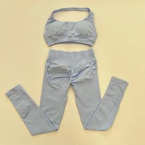 เซ็ตสปอร์ตบราของผู้หญิง2ชิ้นสีพื้นชุดบราออกกำลังกายแบบมืออาชีพกางเกงเลกกิ้งวิ่งกันกระแทกโลโก้ด้านหน้าระบายอากาศได้ - Product Image 3