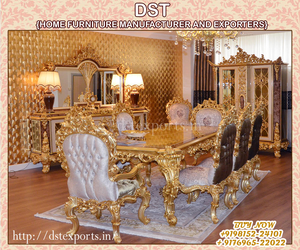 Ensemble de table à manger de luxe en or poli pour 8 personnes, table à manger royale en teck sculpté à la main, table à manger haut de gamme, table à manger lourdement sculptée, USA - Product Image 6