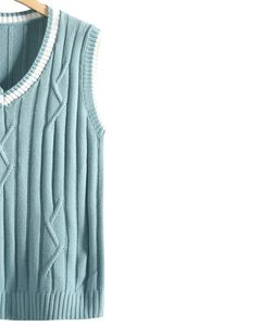 Chaleco de Punto sin Mangas con Cuello en V y Rayas Blancas sobre Azul Claro, Suave, Cómodo y Moderno para el Invierno - Product Image 3