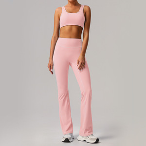 Ropa deportiva de alta intensidad para mujer de secado rápido, traje de yoga transpirable: sujetador + pantalones acampanados ajustados de cintura alta - Product Image 4