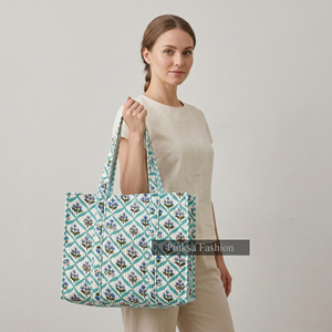 Bolso Tote de Algodón Acolchado con Estampado a Mano de Jaipur PinksaFashion, Diseño Floral Sanganeri, Ecológico, para Verano, Invierno y Primavera - Product Image 2