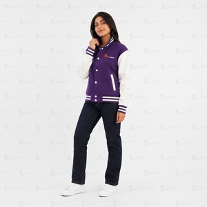 Veste universitaire en laine pour femme Tiierwear, couleur unie violet et blanc, boutons pression, logo brodé, veste bomber style universitaire - Product Image 4