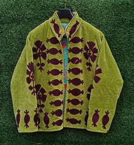 <b>Womens</b> <b>Velvet</b> Ethnic <b>Jacket</b> With Repeated Geometric Motif Embroidery Full Sleeves Stand Collar And Button Front Closure - Product Image 3