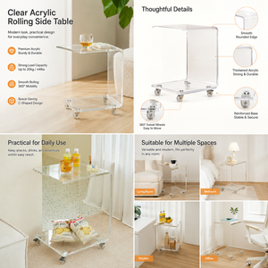 Modern Clear Acrylic C Shaped Rolling Side Table with Wheels Transparent Lucite Sofa End Table Mobile Snack Cart for Home - Product Image 5