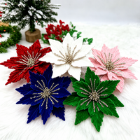 Décorations de Noël en velours scintillant, fleurs artificielles, tiges de poinsettia, ornements pour arbre de Noël, décoration de fête du Nouvel An