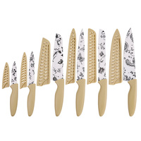 Ensemble de 12 couteaux de cuisine à imprimé floral, ensemble de couteaux de chef en acier inoxydable avec revêtement blanc, avec protège-lames, manche beige pour la maison