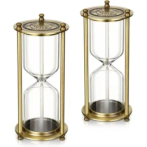 Vintage 30 Minute Hourglass Timer Sand White Half Hour Glass Decor Metal Modern Office Timepiece Decorative Gold Square Base