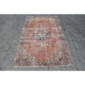 3.9x5.8 ft Accent Turkish Vintage Eco Friendly <b>Red</b> Patchwork <b>Wool</b> Rug with Latex Backing - Product Image 1