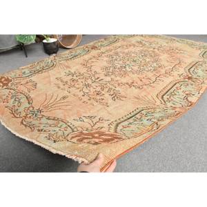 Alfombra de lana de retazos verde beige clásica, diseño Aubusson turco de 5,2x8,7 pies para sala de estar, pasillo de noche con respaldo de látex - Product Image 5