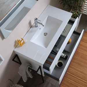 Meuble de salle de bain suspendu au mur BELIZE 100CM blanc mat avec 2 tiroirs et porte-serviettes latéral noir - Product Image 4