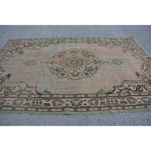Tapis turc vintage écologique classique beige brun 6,4 x 10 pieds grand format patchwork en laine à poils moyens rectangulaire pour salle à manger - Product Image 3