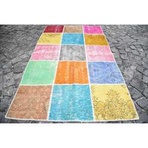 Alfombra Turca de 4.3x7.2 pies, Alfombra Vintage, Alfombra Azul con Diseño de Patchwork - Product Image 1