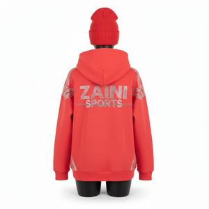 เสื้อมีฮู้ดขนแกะ330GSM พรีเมี่ยมสำหรับผู้หญิงแผงคริสตัลสีแดงสไตล์สปอร์ตพร้อมดีไซน์โลโก้พลอยเทียมตามสั่ง - Product Image 2