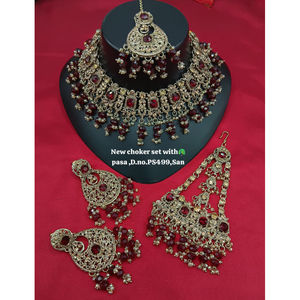 Conjunto de Collar Gargantilla Chapado en Oro con Pendientes y Maang Tikka, Joyería Étnica Hecha a Mano para Bodas, Aniversarios y Fiestas - Product Image 1