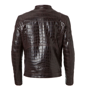 Veste de luxe en cuir de vache brun foncé avec tissu en toile effet peau de serpent, imperméable et respirante, mode d'hiver - Product Image 4