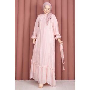 Robe Hijab Modeste Rose à Volants et Ceinture, Grande Taille, en Tissu Crêpe de Soie Imprimé, Plissée à la Taille, Coupe Naturelle en A - Product Image 6