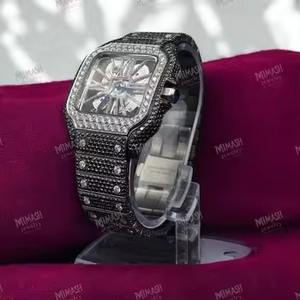 Montre glacée à cadran squelette de luxe avec pierres CZ noires et blanches, mouvement mécanique, montre de mode unisexe à visage carré - Product Image 2