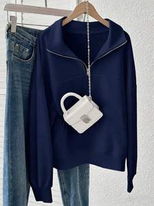 <b>Navy</b> Acid Wash Half Zip Women's Hoodies 100% Cotton Fleece Pullover Breathable Anti-Wrinkle Soft Streetwear Autumn Front OEM - Product Image 6