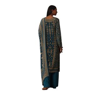 Blu stampato con dettagli in pietra Kurta Palazzo Set all'ingrosso donna abbigliamento etnico OEM abbigliamento fornitore di fabbrica abito personalizzato - Product Image 5