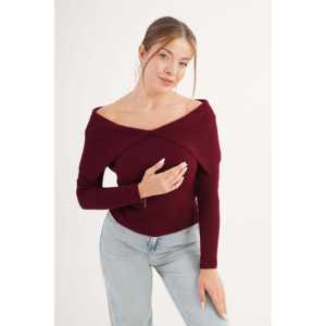 เสื้อสเวตเตอร์ถักคอวีสีแดงเบอร์กันดีสำหรับผู้หญิง ขายส่ง - Product Image 5