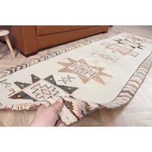 3.37x10.1 ft Vintage <b>Wool</b> Turkish Runner Rug <b>Brown</b> White Floral Patchwork Design with Latex Backing - Product Image 3