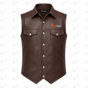 Tiierwear Men's <b>Brown</b> Leather Sleeveless <b>Vest</b> Plus Size Summer Breathable with Button Closure and Front Pockets Casual Outerwear - Product Image 4