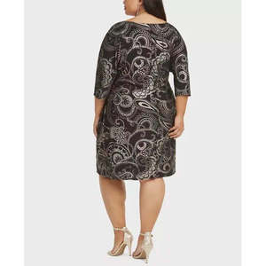 Abito da donna Robbie Bee taglie forti con stampa foil e nodo laterale, nero XL, silhouette ampia con vita naturale, tessuto metallizzato - Product Image 2