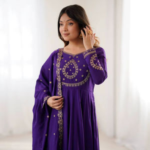 Set Salwar Anarkali Dupatta dari Kain Sutra Roman Chandari Murni Berkualitas Tinggi, Baru, Siap Pakai, Bebas Kerut, untuk Pesta - Product Image 1