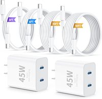 QZIIW untuk 17/16/15 Pro Max 45W Pengisi Daya Cepat USB-C Port Ganda [2-Pack] Kabel Adaptor Cepat PD 3.0 3/6/10FT untuk IPad/