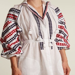 Robe en coton ethnique blanche à pois rouges et bleu marine, manches trois quarts, coupe ample, longueur midi, pour femme, tenue quotidienne d'été - Product Image 2