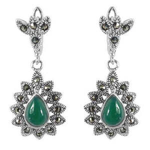 Boucles d'oreilles pendantes en argent sterling 925 pour femmes avec onyx vert et marcassite, accessoire de mode - Product Image 3