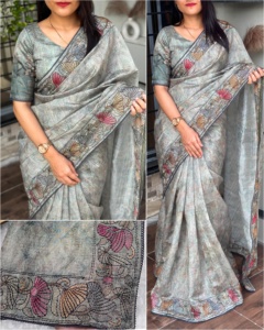 Nouveau 2024 dernière tenue à feuilles persistantes mousseline soie Saree Blouse avec impression numérique et point de croix Multi fil travail femme mode - Product Image 5