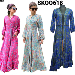 ชุดเดรสผ้าไหมผ้าส่าหรีผ้าลูกไม้คอวีหลายสีหลายสีสำหรับฤดูร้อน2022 - Product Image 1