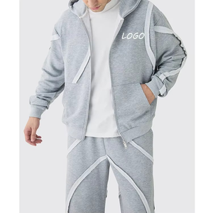 Algodón de alta calidad French Terry Streetwear gris pierna ancha de gran tamaño Boxy Zip Panel Wide Jogger hombre chándal conjunto - Product Image 5