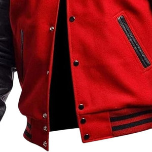 Veste universitaire unisexe personnalisée rouge en toile avec manches noires vintage, taille plus, col montant, poignets élégants, veste d'hiver respirante - Product Image 6