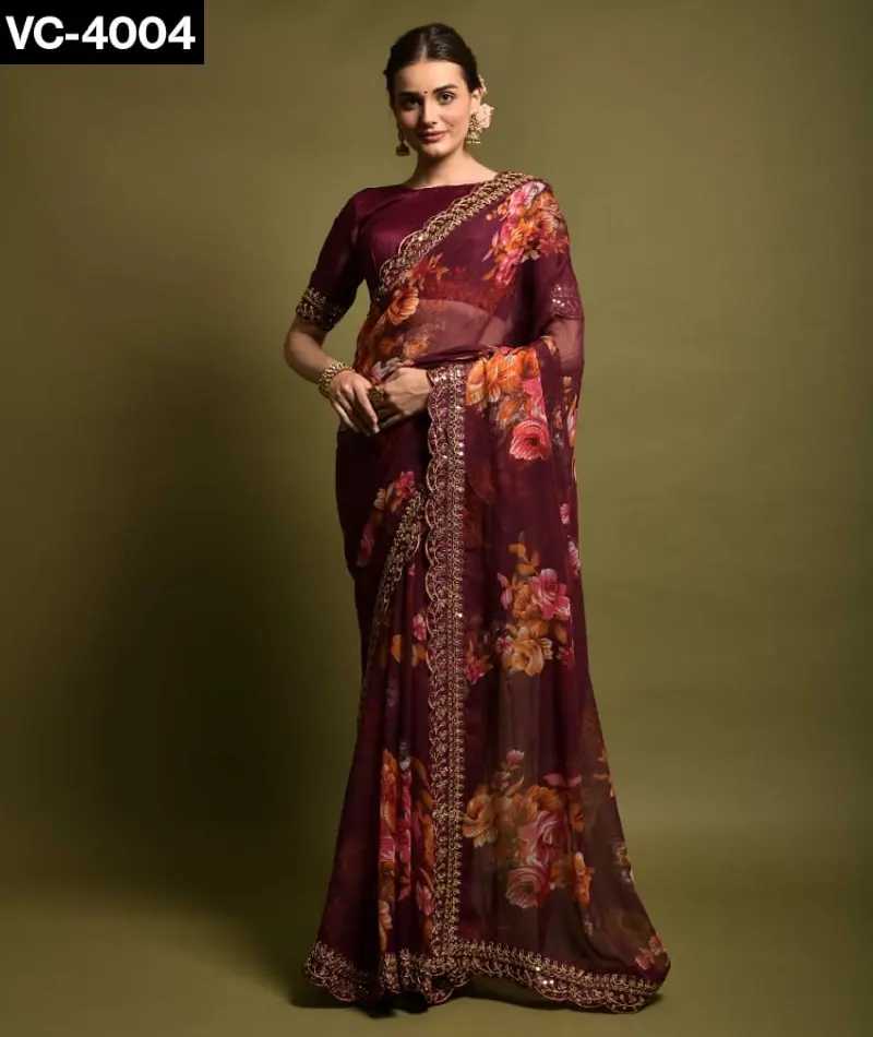 Fantasia abbigliamento etnico Georgette con stampa floreale sari con ricamo lavoro taglio bordo in pizzo e grande pizzo con camicetta Banglory