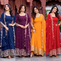 Robe Anarkali rose pour femme Motifs brodés Kurta sans manches avec Palazzos & Dupatta Party Wear Robe indienne & pakistanaise