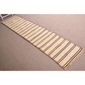 Vintage Rug, Runner 2.5x10 ft Turkish Rug, <b>Brown</b> White Striped <b>Wool</b> Rug - Product Image 3