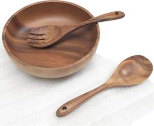 Haute qualité 9.45 pouces en bois d'acacia grand bol à mélanger pour salade bol en bois fait à la main avec fourchette et cuillère - Product Image 6
