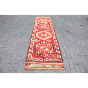 Alfombra Vintage, Alfombra Turca de 2.8x11.6 pies, Alfombra de Lana Abstracta Roja y Naranja - Product Image 1