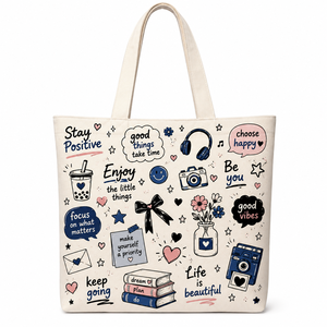 Bolsa de tela de algodón con estampado lindo y citas positivas y dibujos para regalos promocionales, estilo lona, para compras. - Product Image 3