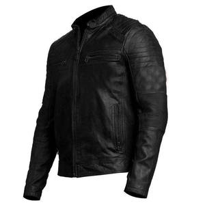 Factory Direct Men's <b>Black</b> Genuine Leather Biker Jacket Stand Collar Design with Quilted Shoulders and Zipper Pockets - Product Image 2