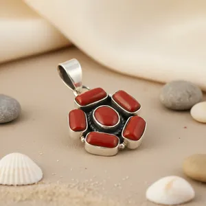 Pendentif en argent 925 avec fleur de corail, serti de pierres rouges, style vintage, bijoux unisexe - Product Image 2