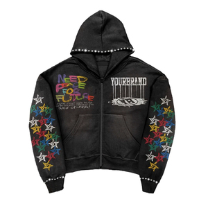 Custom Streetwear Oversized Boxy Heavyweight Cotton Cropped Print Rhinestone Acid Wash Zip up Hoodie - Product Image 1